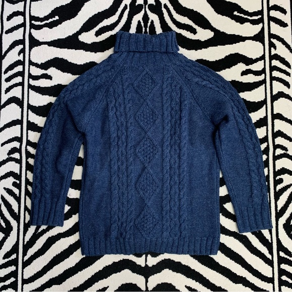 WoolOvers Pure Wool Knitted Aran Turtle Neck Sweater Blue Medium Fishermancore - Picture 6 of 12